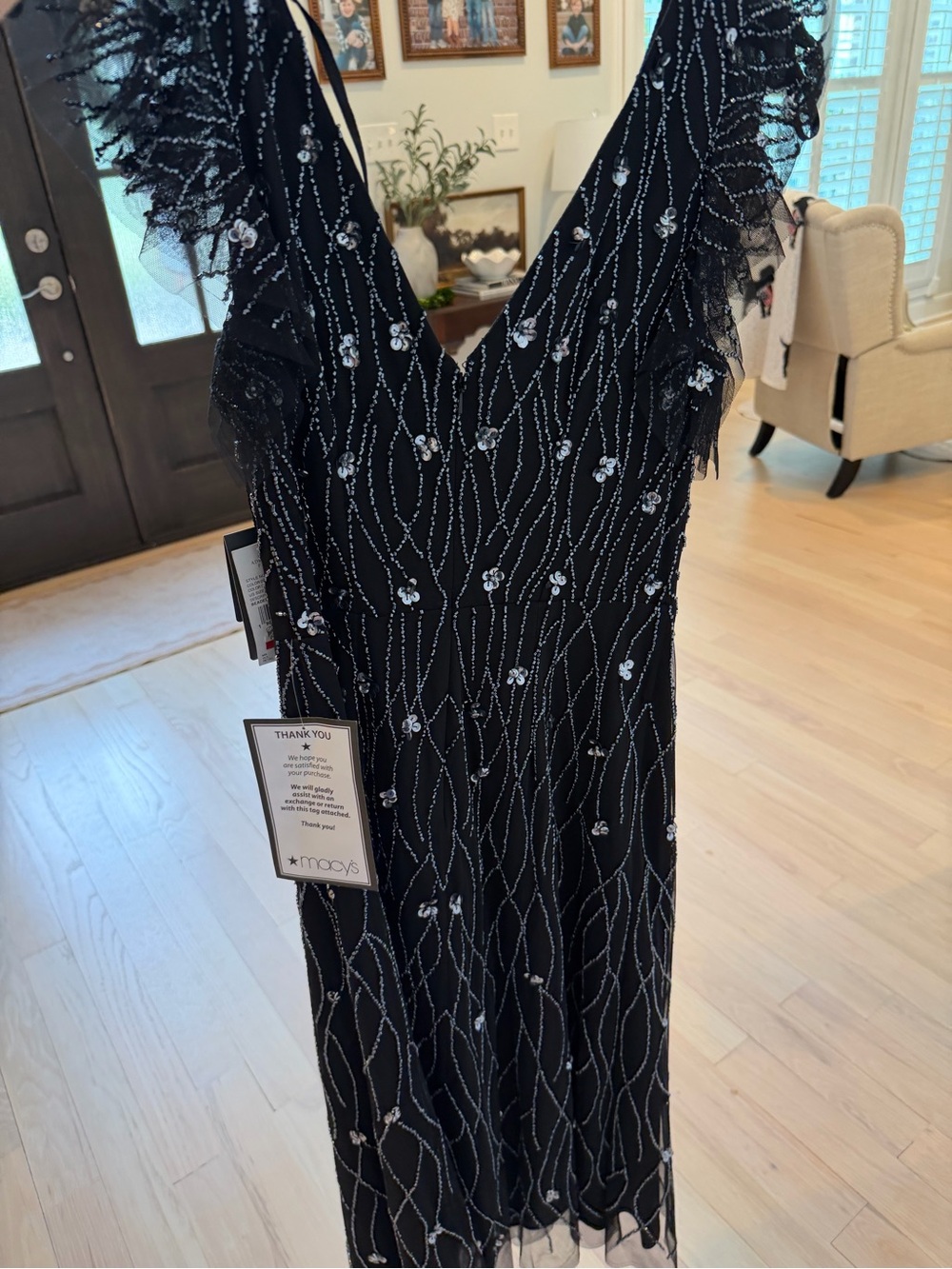 Adrianna Papell Black Beaded V-Neck Cocktail Dress